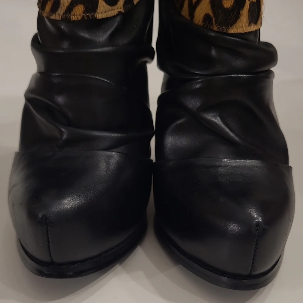 Saks 5th Avenue Street Leather Leopard Print Stiletto Heeled Zip Up Ankle Boot